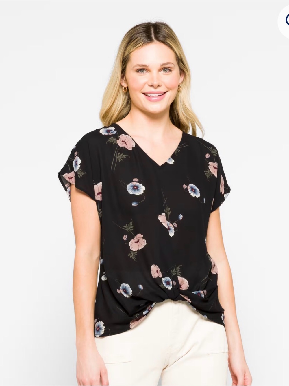 West Kei Black Floral Twist-Front Blouse